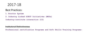 2017-18
Best Practices:
1. Proctor System
2. Industry Linked SJBIT Initiatives (MOUs)
Industry-institute interaction (I3)
Institutional Distinctiveness
Professional certification Programs and Soft Skills Training Programs:
 