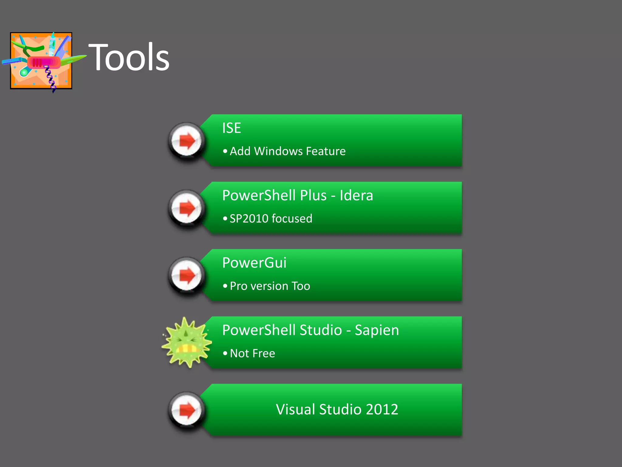 Tools ISE •Add Windows Feature PowerShell Plus - Idera •SP2010 focused PowerGui •Pro version Too PowerShell Studio - Sapien •Not Free Visual Studio 2012 