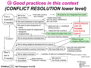Good practices in this context
       2b

   (CONFLICT RESOLUTION lower level)
                                    • THEY ARE LEVELS,           All systems are integrated from parts
                   We’re too
  Use a            lazy to think
                                       NOT STAGES
                                                     • SOME SPECS ARE
  waterfall                                          OUT OF DATE / IMPERFECT,
                   We want baselines to test against BUT WE COPE
  V-model                                                                                     APPROPRIATE
                   We want to test viewpoints of:       • NEED NOT BE 1-1 CORRESP             USE OF
                   • users                                SPECS-LEVELS                        V-model:
                   • someone expert & independent
                                                         • NEED NOT BE 4 LEVELS               what testing
                   • designers
                   • programmers                        Two heads are better than one         against
                                                        • MULTIPLE PARTIAL PASSES
   “Conflict”      We’re doing iterative development
                                                                                           Different levels
                                                                                           mitigate different risks
                   We’re doing adaptive development (no specs)
                                                                                  • CAN USE EXPLORATORY
                   Documentation must be minimised        We have little time       TESTING AGAINST
                                                                                    CONSENSUS BASIS
  Don’t
                   We’re object-oriented       • V-MODEL IS IMPLICIT IN BINDER’S BOOKTesting OO systems: models,
  use a                                                                                                  patterns & tools
  V-model          V-model is       MANY PEOPLE                We want to
                   discredited      STAND BY V-MODEL           be trendy, anyway
                                                                                                  ©   Thompson
                                                                                                      information
                                                                                                      Systems
                                                                                                      Consulting Limited
STAREast   T15   Neil Thompson 14 of 29                                                               2003
 