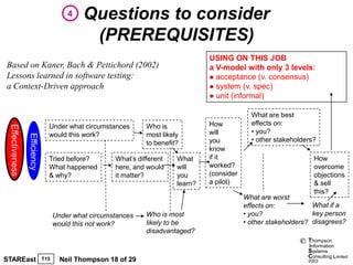 4    Questions to consider
                                              (PREREQUISITES)
                                                                                   USING ON THIS JOB
Based on Kaner, Bach & Pettichord (2002)                                           a V-model with only 3 levels:
Lessons learned in software testing:                                                acceptance (v. consensus)
a Context-Driven approach                                                           system (v. spec)
                                                                                    unit (informal)


                                                                                                 What are best
                                Under what circumstances        Who is             How           effects on:
 Effectiveness




                                would this work?                most likely        will          • you?
                 Efficiency




                                                                to benefit?        you           • other stakeholders?
                                                                                   know
                                Tried before?         What’s different    What     if it                              How
                                What happened         here, and would     will     worked?                            overcome
                                & why?                it matter?          you      (consider                          objections
                                                                          learn?   a pilot)                           & sell
                                                                                                                      this?
                                                                                               What are worst
                                                                                               effects on:           What if a
                                    Under what circumstances    Who is most                    • you?                key person
                                    would this not work?        likely to be                   • other stakeholders? disagrees?
                                                                disadvantaged?
                                                                                                                ©   Thompson
                                                                                                                    information
                                                                                                                    Systems
                                                                                                                    Consulting Limited
STAREast                      T15     Neil Thompson 18 of 29                                                        2003
 