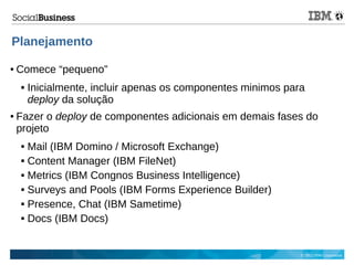 © 2013 IBM Corporation
Planejamento
● Comece “pequeno”
 Inicialmente, incluir apenas os componentes minimos para
deploy da solução
● Fazer o deploy de componentes adicionais em demais fases do
projeto
 Mail (IBM Domino / Microsoft Exchange)
 Content Manager (IBM FileNet)
 Metrics (IBM Congnos Business Intelligence)
 Surveys and Pools (IBM Forms Experience Builder)
 Presence, Chat (IBM Sametime)
 Docs (IBM Docs)
 