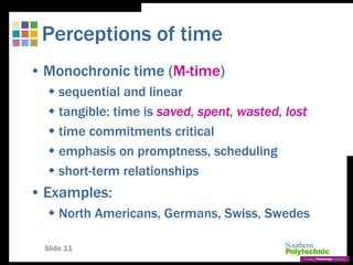 Slide 11
Perceptions of time
• Monochronic time (M-time)
 sequential and linear
 tangible: time is saved, spent, wasted, lost
 time commitments critical
 emphasis on promptness, scheduling
 short-term relationships
• Examples:
 North Americans, Germans, Swiss, Swedes
 