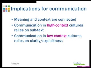 Slide 20
Implications for communication
• Meaning and context are connected
• Communication in high-context cultures
relies on sub-text
• Communication in low-context cultures
relies on clarity/explicitness
 