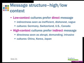 Slide 21
Message structure–high/low
context
• Low-context cultures prefer direct message
 indirectness seen as inefficient, dishonest, vague
 cultures: Germany, Switzerland, U.S., Canada
• High-context cultures prefer indirect message
 directness seen as abrupt, demanding, intrusive
 cultures: China, Korea, Japan
 