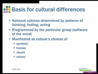 Slide 23
Basis for cultural differences
• National cultures determined by patterns of
thinking, feeling, acting
• Programmed by the particular group (software
of the mind)
• Manifested as culture’s choices of
 symbols
 heroes
 rituals
 values
 