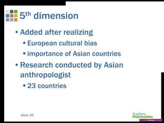 Slide 26
5th dimension
•Added after realizing
European cultural bias
importance of Asian countries
•Research conducted by Asian
anthropologist
23 countries
 