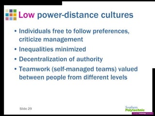 Slide 29
Low power-distance cultures
• Individuals free to follow preferences,
criticize management
• Inequalities minimized
• Decentralization of authority
• Teamwork (self-managed teams) valued
between people from different levels
 
