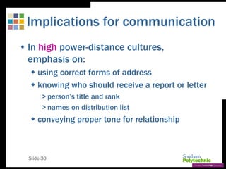 Slide 30
Implications for communication
• In high power-distance cultures,
emphasis on:
 using correct forms of address
 knowing who should receive a report or letter
> person’s title and rank
> names on distribution list
 conveying proper tone for relationship
 