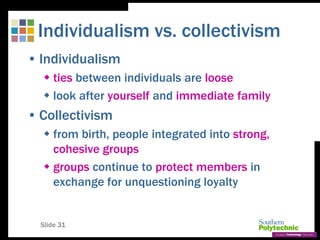 Slide 31
Individualism vs. collectivism
• Individualism
 ties between individuals are loose
 look after yourself and immediate family
• Collectivism
 from birth, people integrated into strong,
cohesive groups
 groups continue to protect members in
exchange for unquestioning loyalty
 