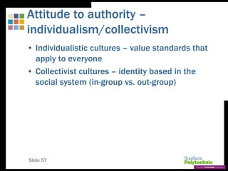 Slide 57
Attitude to authority –
individualism/collectivism
• Individualistic cultures – value standards that
apply to everyone
• Collectivist cultures – identity based in the
social system (in-group vs. out-group)
 