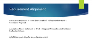 Requirement Alignment
Solicitation Provisions + Terms and Conditions + Statement of Work =
Contractor Proposal
Acquisition Plan + Statement of Work + Proposal Preparation Instructions +
Evaluation Criteria
All of these must align for a good procurement
 