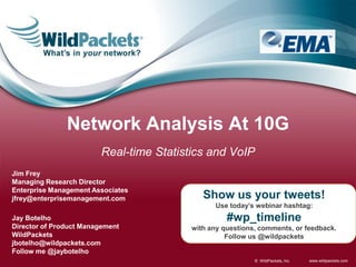 Network Analysis At 10G
                         Real-time Statistics and VoIP
Jim Frey
Managing Research Director
Enterprise Management Associates
jfrey@enterprisemanagement.com               Show us your tweets!
                                                Use today’s webinar hashtag:
Jay Botelho                                         #wp_timeline
Director of Product Management            with any questions, comments, or feedback.
WildPackets                                         Follow us @wildpackets
jbotelho@wildpackets.com
Follow me @jaybotelho
                                                            © WildPackets, Inc.   www.wildpackets.com
 