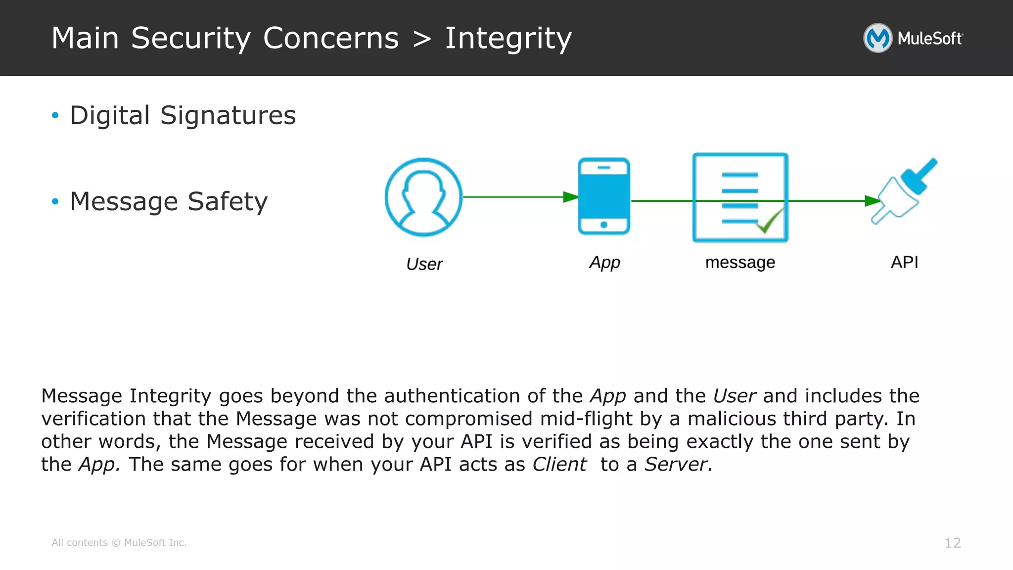 All contents © MuleSoft Inc.
Main Security Concerns > Integrity
12
• Digital Signatures
• Message Safety
Message Integrity goes beyond the authentication of the App and the User and includes the
verification that the Message was not compromised mid-flight by a malicious third party. In
other words, the Message received by your API is verified as being exactly the one sent by
the App. The same goes for when your API acts as Client to a Server.
 