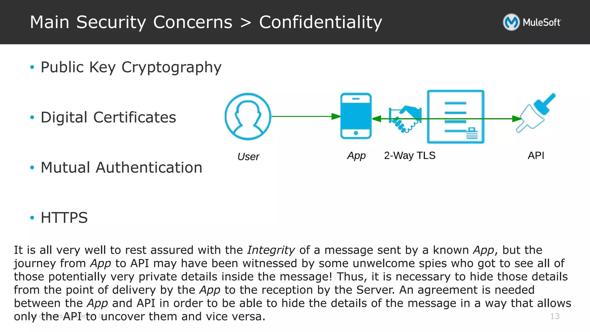 All contents © MuleSoft Inc.
Main Security Concerns > Confidentiality
13
• Public Key Cryptography
• Digital Certificates
• Mutual Authentication
• HTTPS
It is all very well to rest assured with the Integrity of a message sent by a known App, but the
journey from App to API may have been witnessed by some unwelcome spies who got to see all of
those potentially very private details inside the message! Thus, it is necessary to hide those details
from the point of delivery by the App to the reception by the Server. An agreement is needed
between the App and API in order to be able to hide the details of the message in a way that allows
only the API to uncover them and vice versa.
 