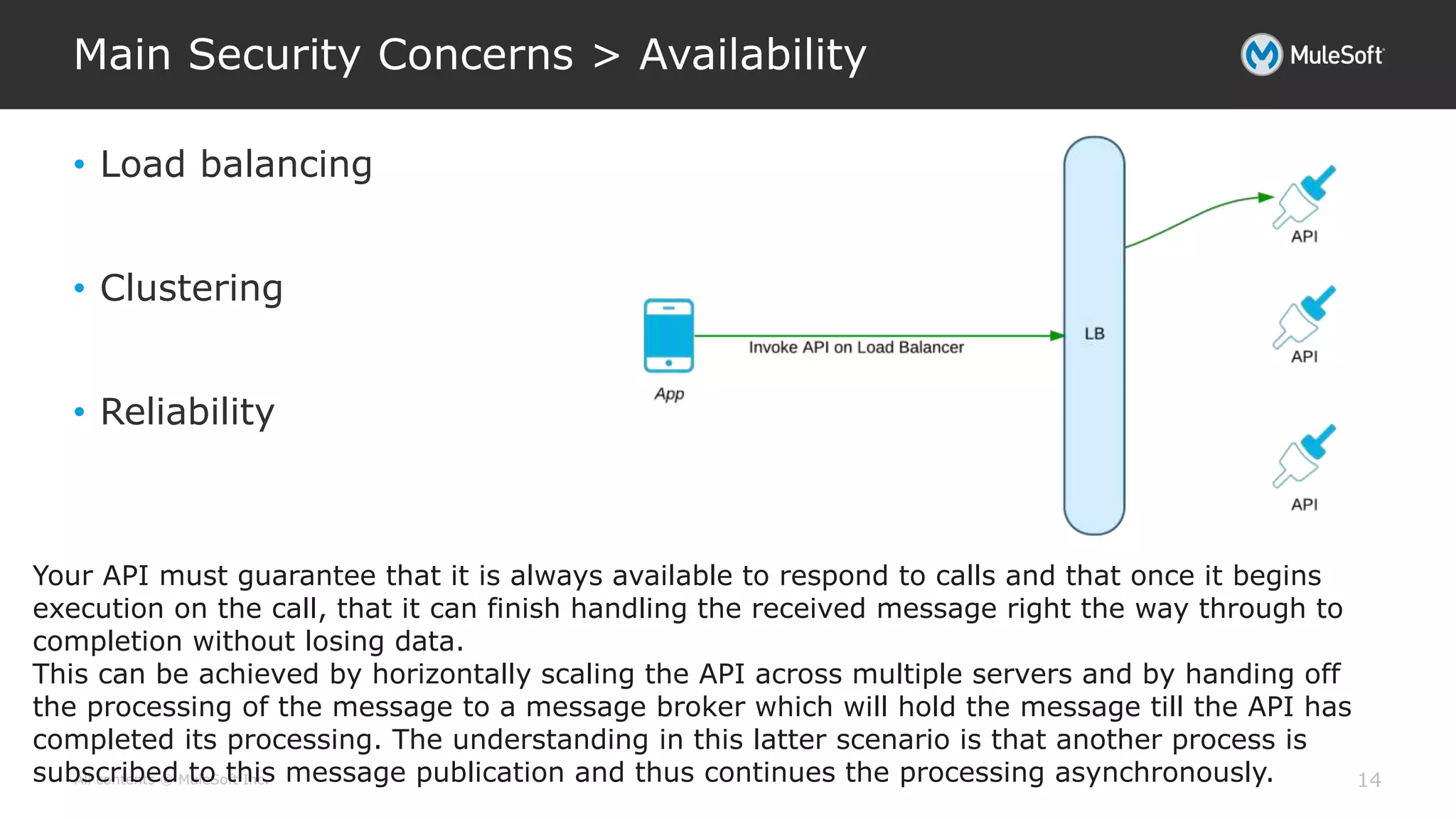 All contents © MuleSoft Inc.
Main Security Concerns > Availability
14
• Load balancing
• Clustering
• Reliability
Your API must guarantee that it is always available to respond to calls and that once it begins
execution on the call, that it can finish handling the received message right the way through to
completion without losing data.
This can be achieved by horizontally scaling the API across multiple servers and by handing off
the processing of the message to a message broker which will hold the message till the API has
completed its processing. The understanding in this latter scenario is that another process is
subscribed to this message publication and thus continues the processing asynchronously.
 