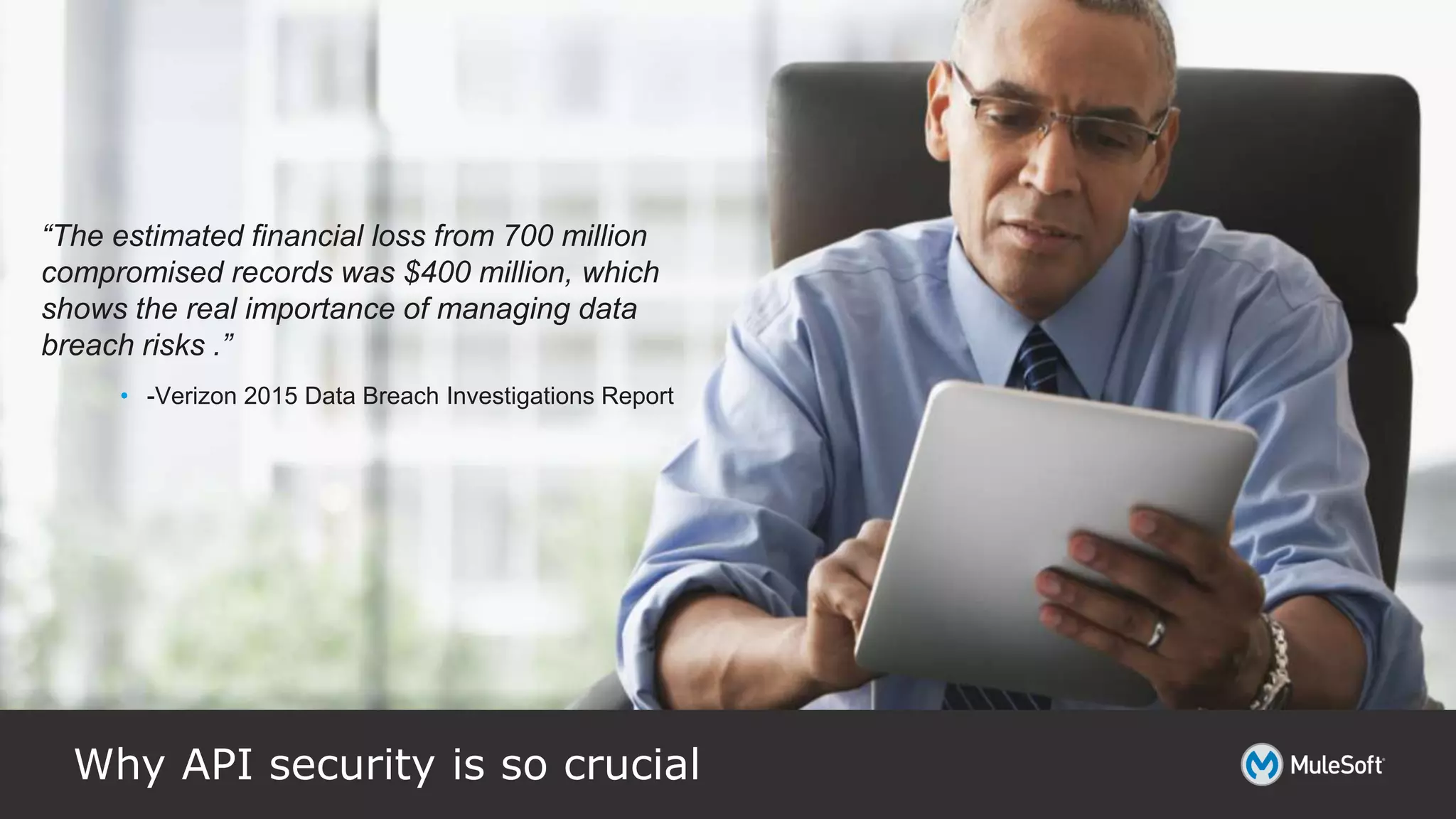 Why API security is so crucial
“The estimated financial loss from 700 million
compromised records was $400 million, which
shows the real importance of managing data
breach risks .”
• -Verizon 2015 Data Breach Investigations Report
 