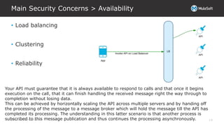 All contents © MuleSoft Inc.
Main Security Concerns > Availability
14
• Load balancing
• Clustering
• Reliability
Your API must guarantee that it is always available to respond to calls and that once it begins
execution on the call, that it can finish handling the received message right the way through to
completion without losing data.
This can be achieved by horizontally scaling the API across multiple servers and by handing off
the processing of the message to a message broker which will hold the message till the API has
completed its processing. The understanding in this latter scenario is that another process is
subscribed to this message publication and thus continues the processing asynchronously.
 