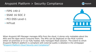 All contents © MuleSoft Inc.
Anypoint Platform > Security Compliance
24
• FIPS 140-2
• SSAE 16 SOC 2
• PCI DSS Level-1
• HiTrust
When Anypoint API Manager manages APIs from the cloud, it stores only metadata about the
APIs and the Apps which consume them. The APIs can be deployed on the Mule runtime
either on-premises or in our fully hosted, fully managed iPaaS solution. The extent to which
Anypoint Platform platform is compliant with external audits is detailed in the whitepaper
“Anypoint Platform Cloud Security and Compliance”.
 