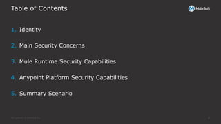 All contents © MuleSoft Inc.
Table of Contents
4
1. Identity
2. Main Security Concerns
3. Mule Runtime Security Capabilities
4. Anypoint Platform Security Capabilities
5. Summary Scenario
 