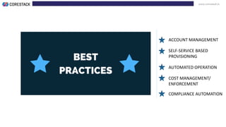 www.corestack.io
ACCOUNT MANAGEMENT
SELF-SERVICE BASED
PROVISIONING
AUTOMATED OPERATION
COST MANAGEMENT/
ENFORCEMENT
COMPLIANCE AUTOMATION