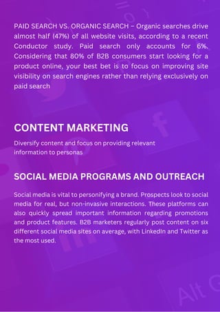 PAID SEARCH VS. ORGANIC SEARCH – Organic searches drive
almost half (47%) of all website visits, according to a recent
Conductor study. Paid search only accounts for 6%.
Considering that 80% of B2B consumers start looking for a
product online, your best bet is to focus on improving site
visibility on search engines rather than relying exclusively on
paid search
CONTENT MARKETING
Diversify content and focus on providing relevant
information to personas
SOCIAL MEDIA PROGRAMS AND OUTREACH
Social media is vital to personifying a brand. Prospects look to social
media for real, but non-invasive interactions. These platforms can
also quickly spread important information regarding promotions
and product features. B2B marketers regularly post content on six
different social media sites on average, with LinkedIn and Twitter as
the most used.
 