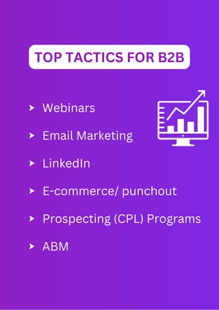 TOP TACTICS FOR B2B
Webinars
Email Marketing
LinkedIn
E-commerce/ punchout
Prospecting (CPL) Programs
ABM
 