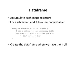 Dataframe	
  
•  Accumulate	
  each	
  mapped	
  record	
  
•  For	
  each	
  event,	
  add	
  it	
  to	
  a	
  temporary	
  table	
  
     doAny <- function(v, date, rides) {
         # add a column to the temporary table
         v[["rows"]][[length(v[["rows"]]) + 1]]
             <- list(date, rides)
     }


•  Create	
  the	
  dataframe	
  when	
  we	
  have	
  them	
  all
 