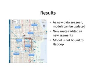 Results	
  
                                                        •  As	
  new	
  data	
  are	
  seen,	
  
                                                           models	
  can	
  be	
  updated	
  
                                      Model	
  
   Model	
  



                          Model	
  
                                                        •  New	
  routes	
  added	
  as	
  
                                                           new	
  segments	
  
       Model	
                                          •  Model	
  is	
  not	
  bound	
  to	
  
                   Model	
  
                                                           Hadoop	
  

Model	
  
                               Model	
  
 