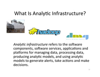 What	
  Is	
  Analy?c	
  Infrastructure?	
  
                                1




                                                 D A T A   M I N I N G   G R O U P




Analy&c	
  infrastructure	
  refers	
  to	
  the	
  soware	
  
components,	
  soware	
  services,	
  applica?ons	
  and	
  
plahorms	
  for	
  managing	
  data,	
  processing	
  data,	
  
producing	
  analy?c	
  models,	
  and	
  using	
  analy?c	
  
models	
  to	
  generate	
  alerts,	
  take	
  ac?ons	
  and	
  make	
  
decisions.	
  
                                                                                     12	
  
 