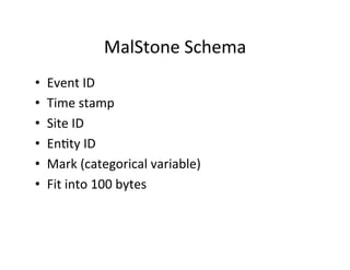 MalStone	
  Schema	
  
•    Event	
  ID	
  
•    Time	
  stamp	
  
•    Site	
  ID	
  
•    En?ty	
  ID	
  
•    Mark	
  (categorical	
  variable)	
  
•    Fit	
  into	
  100	
  bytes	
  
 
