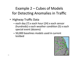 Example	
  2	
  –	
  Cubes	
  of	
  Models	
  	
  
           for	
  Detec?ng	
  Anomalies	
  in	
  Traﬃc	
  
         •  Highway	
  Traﬃc	
  Data	
  
            –  each	
  day	
  (7)	
  x	
  each	
  hour	
  (24)	
  x	
  each	
  sensor	
  
               (hundreds)	
  x	
  each	
  weather	
  condi?on	
  (5)	
  x	
  each	
  
               special	
  event	
  (dozens)	
  
            –  50,000	
  baselines	
  models	
  used	
  in	
  current	
  
               testbed	
  




88	
  
 