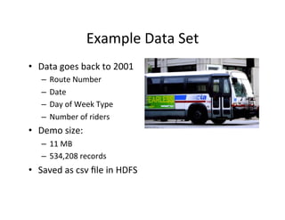 Example	
  Data	
  Set	
  
•  Data	
  goes	
  back	
  to	
  2001	
  
     –  Route	
  Number	
  
     –  Date	
  
     –  Day	
  of	
  Week	
  Type	
  
     –  Number	
  of	
  riders	
  
•  Demo	
  size:	
  
     –  11	
  MB	
  
     –  534,208	
  records	
  	
  
•  Saved	
  as	
  csv	
  ﬁle	
  in	
  HDFS	
  
 