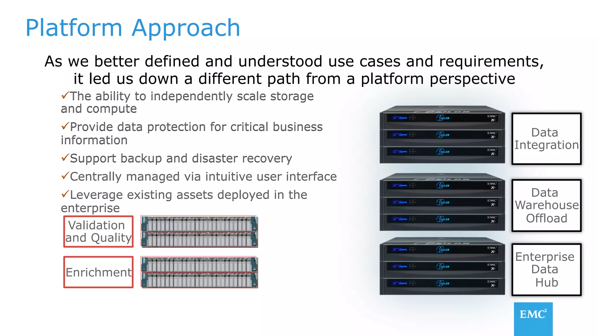Platform Approach
As we better defined and understood use cases and requirements,
it led us down a different path from a platform perspective
Data
Warehouse
Offload
Data
Integration
Enterprise
Data
Hub
Enrichment
Validation
and Quality
ü The ability to independently scale storage
and compute
ü Provide data protection for critical business
information
ü Support backup and disaster recovery
ü Centrally managed via intuitive user interface
ü Leverage existing assets deployed in the
enterprise
 