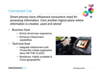 Connected Car
•  Business Goal
•  Enrich driver/user experience
•  Enhance infotainment
capabilities
•  Technical Goal
•  Integrate infotainment with
iTunes-like mobile application
store ON THE CLOUD
•  Resilience, Highly available &
Cross geographies
9
Smart phones have influenced consumers need for
accessing information. Cars another logical place where
information is created, used and stored
 