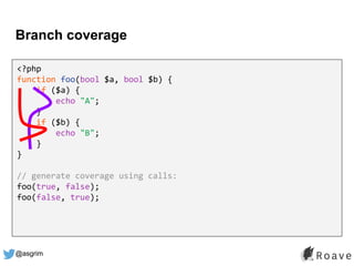 @asgrim
Branch coverage
<?php
function foo(bool $a, bool $b) {
if ($a) {
echo "A";
}
if ($b) {
echo "B";
}
}
// generate coverage using calls:
foo(true, false);
foo(false, true);
 