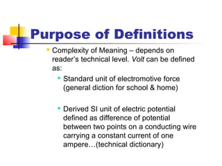 Purpose of Definitions
 Complexity of Meaning – depends on
reader’s technical level. Volt can be defined
as:

Standard unit of electromotive force
(general diction for school & home)

Derived SI unit of electric potential
defined as difference of potential
between two points on a conducting wire
carrying a constant current of one
ampere…(technical dictionary)
 