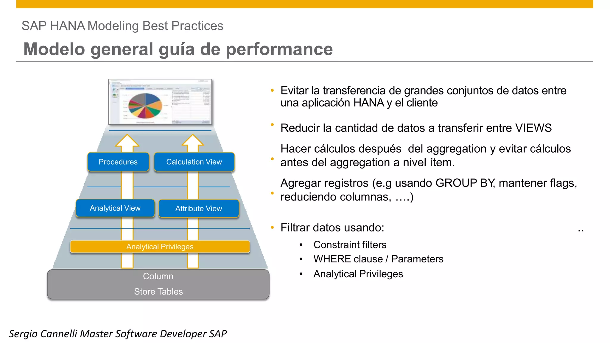 SAP HANA Modeling Best Practices
Modelo general guía de performance
• Evitar la transferencia de grandes conjuntos de datos entre
una aplicación HANA y el cliente
Reducir la cantidad de datos a transferir entre VIEWS
Hacer cálculos después del aggregation y evitar cálculos
antes del aggregation a nivel ítem.
Agregar registros (e.g usando GROUP BY, mantener flags,
reduciendo columnas, ….)
•
•Procedures Calculation View
•
Analytical View Attribute View
• Filtrar datos usando: ..
Analytical Privileges • Constraint filters
• WHERE clause / Parameters
• Analytical PrivilegesColumn
Store Tables
© 2014 SAP SE or an SAP affiliate company. All rights reserved. Public 25Sergio Cannelli Master Software Developer SAP
 