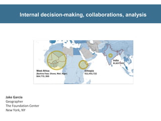 Internal decision-making, collaborations, analysis




Jake Garcia
Geographer
The Foundation Center
New York, NY
 