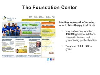 The Foundation Center

              Leading source of information
              about philanthropy worldwide

                •   Information on more than
                    106,000 global foundations,
                    corporate donors, and
                    grantmaking public charities

                •   Database of 4.1 million
                    grants
 