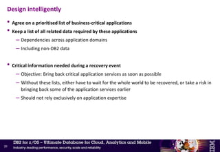 • Schedule a daily production job to check for unrecoverable objects
– Ensure a valid backup exists and there is enough recovery log data to recover from it
– If IIC are used, ensure a FIC is also available
– Check should take into account LOG NO events and materialising REORGs
– DB2 11 lifted many restrictions on PIT recovery prior to materialising REORG
• PIT recovery restrictions lifted for
– LOB table spaces
–XML table spaces
– PBR table spaces
» Including when immediate ALTERs have occurred since materialising REORG
• PIT recovery restrictions still in place
– Table space conversion
–PBG table spaces
– PBG partition pruning
– Online DROP COLUMN
Image copy backups …
19
New
 