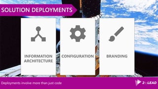 Deployments involve more than just code
SOLUTION DEPLOYMENTS
BRANDINGCONFIGURATIONINFORMATION
ARCHITECTURE
 