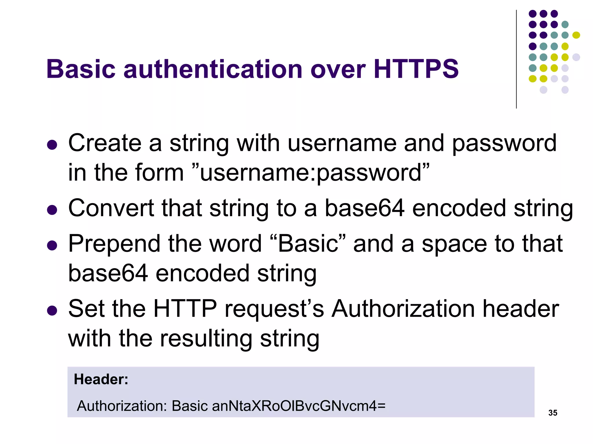 Security 
 Autorization 
 Return HTTP 403 Status Code if not authorized 
 If necessity, use the body to provide more info 
35 
HTTP/1.1 
403 
Forbidden 
Content-Type: application/json; charset=utf-8 
Server: Microsoft-IIS/7.0 
Date: Sat, 14 Jan 2012 04:00:08 GMT 
Content-Length: 251 
{ 
“code" : 123, 
“description" : "You are not allowed to read this resource" 
} 
 