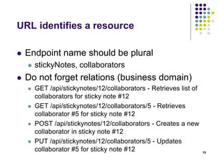 Verbs (actions) as resources 
 Actions that don't fit into the world of CRUD 
operations can be endpoint 
 Change state with ToDo, InProgress or Done 
action 
 Mark a sticky note in progress with PUT 
/stikyNotes/:id/inProgress 
 GitHub's API 
 star a gist with PUT /gists/:id/star 
 unstar with DELETE /gists/:id/star 
19 
 