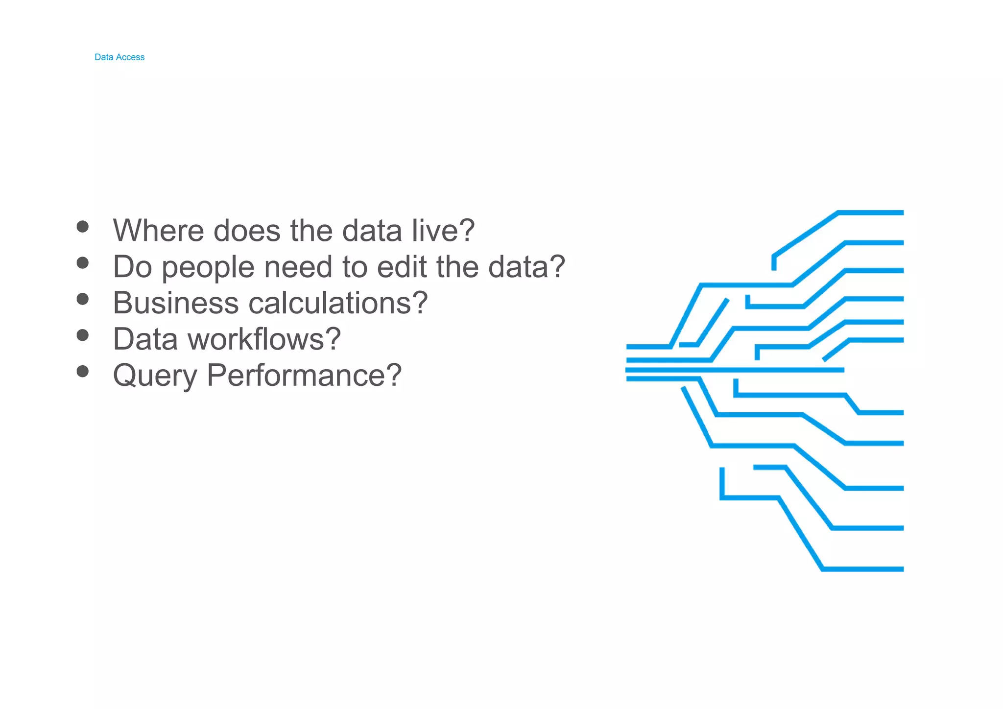 Data Access 
Data Access 
Where does the data live? 
Do people need to edit the data? 
Business calculations? 
Data workflows? 
Query Performance? 
 