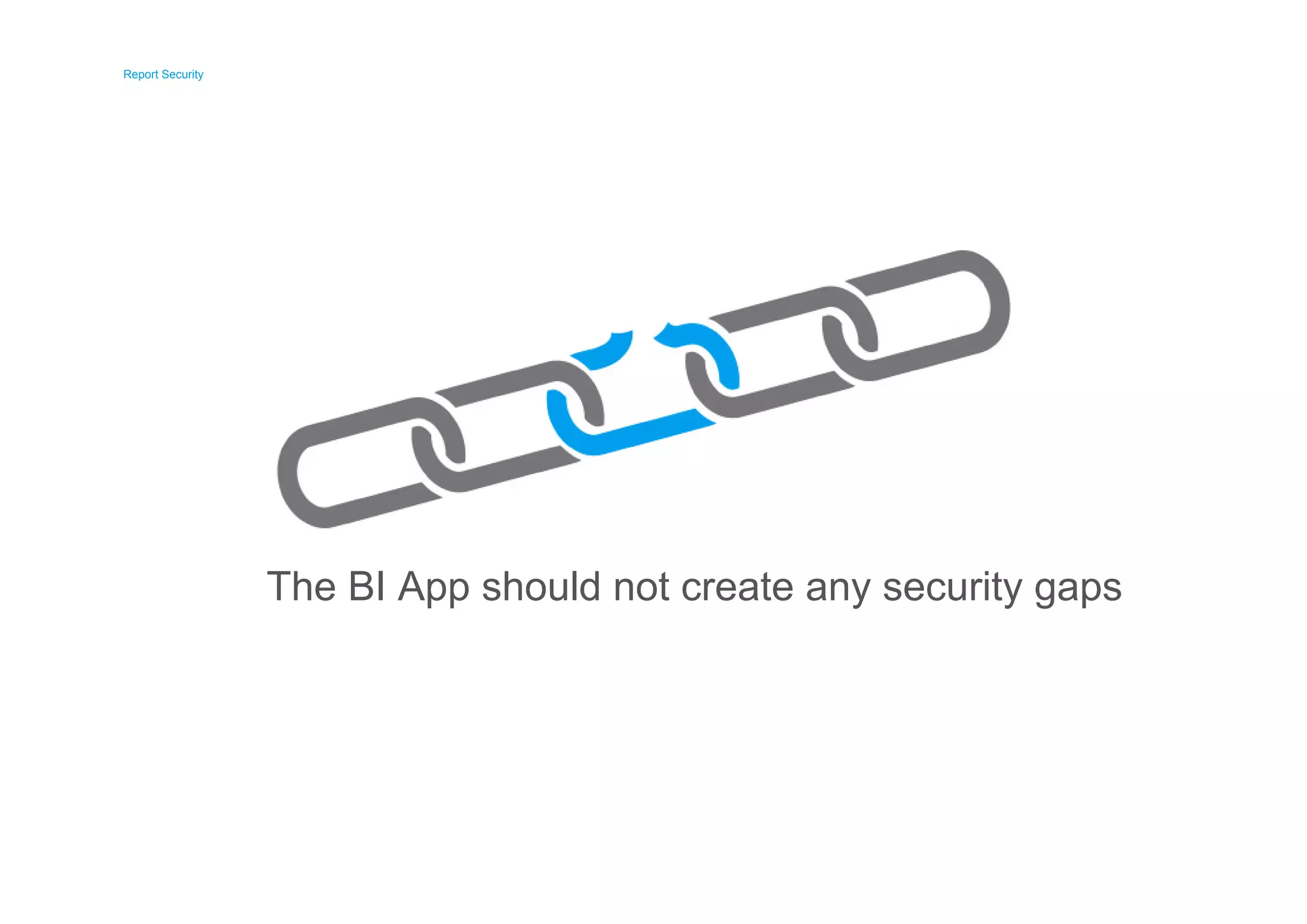 Report Security 
Report Security 
The BI App should not create any security gaps 
 