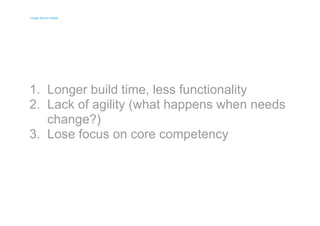 Longer time to market 
Longer time to market 
1. 
2. 
3. 
Longer build time, less functionality 
Lack of agility (what happens when needs 
change?) 
Lose focus on core competency 
 