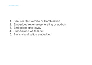 How will you go-to-market? 
How will you go-to-market? 
1. 
2. 
3. 
4. 
5. 
SaaS or On Premise or Combination 
Embedded revenue generating or add-on 
Embedded give-away 
Stand-alone white label 
Basic visualization embedded 
 
