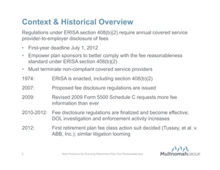 Context & Historical Overview
What is “reasonable”?
•   Intangible   no bright line
•   Agreeable to sound judgment or logic
•   That which is appropriate for a particular situation
•   Not excessive relative to circumstances
Determining reasonableness requires comparison of alternatives and
evaluation of processes used
Under ERISA section 408(b)(2), retirement plan fees must be reasonable in
light of the services being rendered
• But, no specific codified definition of what constitutes fee reasonableness
  per se
    • Impossible to be absolute about reasonableness determinations
    • Follow prudent process that contemplates alternatives
      - Using prudent process to negotiate/compare fees/services promotes improved participant
        outcomes
• Must know and understand applicable fees to determine reasonableness
• Where can plan sponsors find comprehensive fee information?


4                     Best Practices for Ensuring Retirement Plan Fee Reasonableness
 