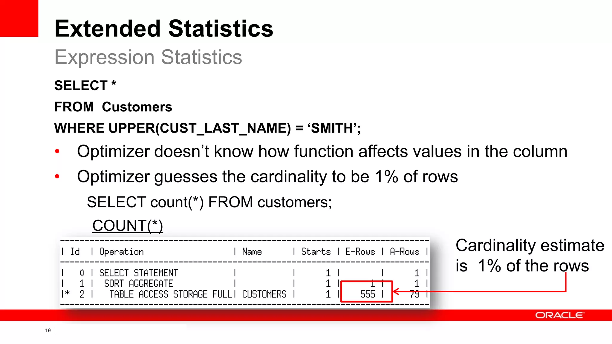 19 Copyright © 2011, Oracle and/or its affiliates. All rights
reserved.
Extended Statistics
SELECT *
FROM Customers
WHERE UPPER(CUST_LAST_NAME) = ‘SMITH’;
• Optimizer doesn’t know how function affects values in the column
• Optimizer guesses the cardinality to be 1% of rows
SELECT count(*) FROM customers;
COUNT(*)
55500
Expression Statistics
Cardinality estimate
is 1% of the rows
 