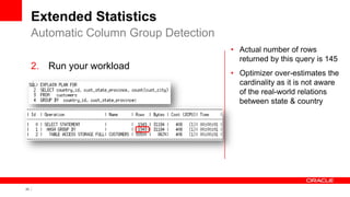 23 Copyright © 2011, Oracle and/or its affiliates. All rights
reserved.
Extended Statistics
2. Run your workload
Automatic Column Group Detection
• Actual number of rows
returned by this query is 145
• Optimizer over-estimates the
cardinality as it is not aware
of the real-world relations
between state & country
 